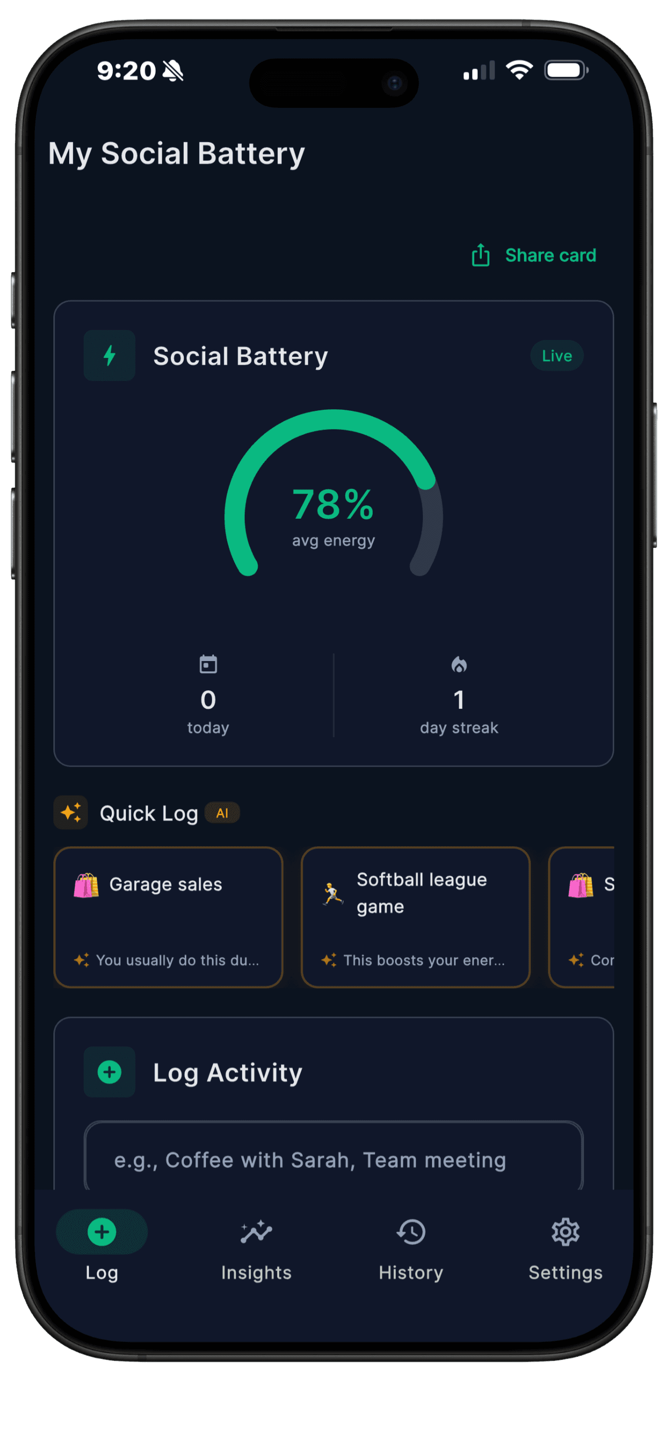 My Social Battery – main battery tracker
