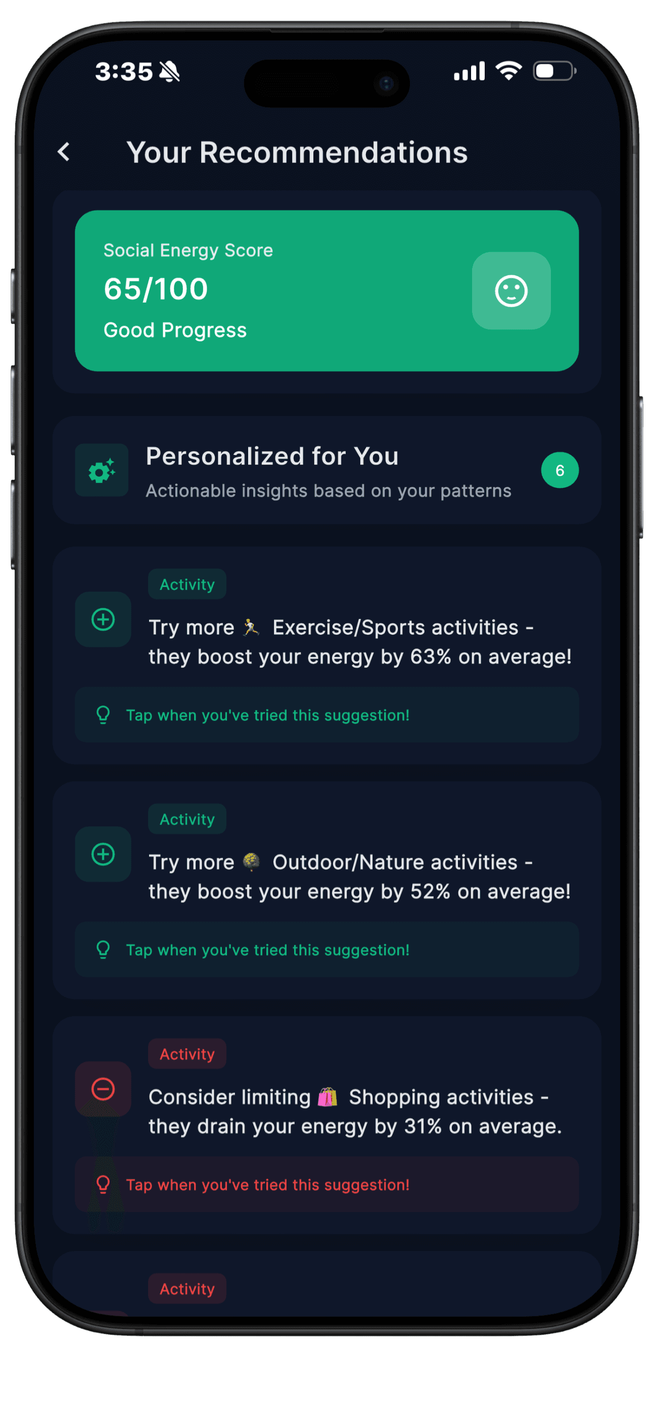 My Social Battery – settings and profile